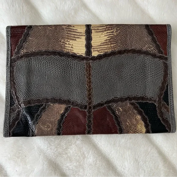 Carlos Falchi 1980s Grey/Brown/Black Exotic Skins Vintage Clutch